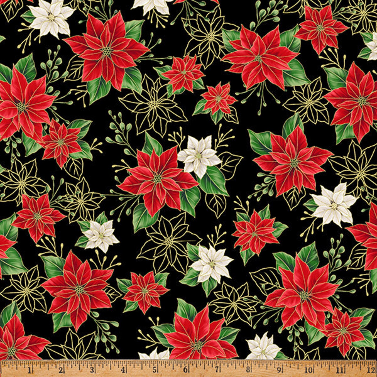 Fabric Hoffman Black Gold Poinsettias Blooming Holidays by the Quarter Yard X7788-4G